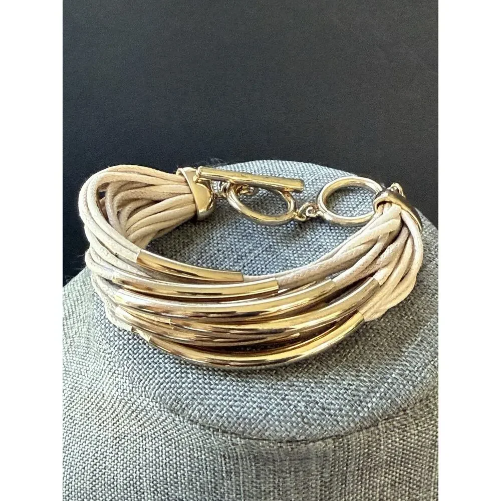Multi Strand Cord Bracelet Gold Tone Toggle Clasp Statement Beige Boho Festival